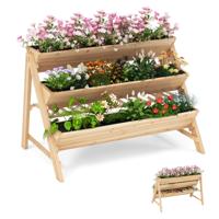 3-laags Houten Plantenbed met Opbergruimte 2 Haken en 3 Plantfolies Natuurlijk