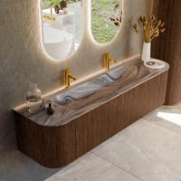 Badmeubel Mondiaz Kurve-Dlux | 170 cm | Meubelkleur Walnut | Wastafelkleur Sombra | Solid surface | Wasbak midden spoelbak | 2 kraangaten