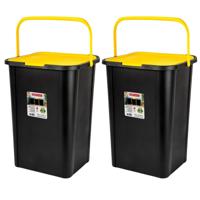 Plasticforte Recycling afvalbak - 2x - zwart/geel - 45 Liter - afsluitbaar - 34 x 40 x 54 cm