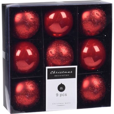9x Kerstboomversiering luxe kunststof kerstballen rood 6 cm - Kerstbal 9x Kerstboomversiering luxe kunststof kerstballen rood 6 cm - Kerstbal