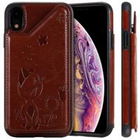 Voor iPhone XR kat Bee reliëf patroon schokbestendige beschermende case met kaartsleuven & fotolijstjes (bruin)