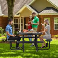 Ronde Buiten Picknicktafel met Bank voor 8 Personen Metalen Campingtafel met Zitplaatsen en Gat voor Parasol Buiten Tafel voor Tuin Zwembad