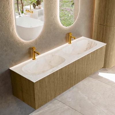 Badmeubel Mondiaz Kurve-Dlux | 150 cm cm | Meubelkleur Dusk | Wastafelkleur Frappe | Solid surface | Wasbak beiden zijden spoelbak | 2 kraangaten