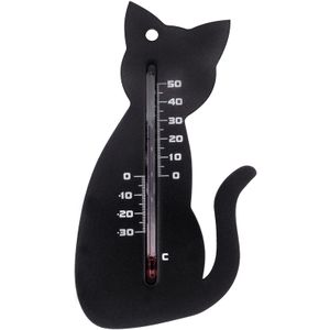 Binnen/buiten thermometer zwarte kat/poes 15 cm