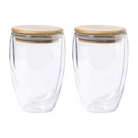 Thermische koffieglazen/theeglazen dubbelwandig - 2x - met bamboe deksel - 350 ml