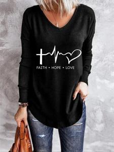 Long Sleeve Letter V Neck Casual T-shirt