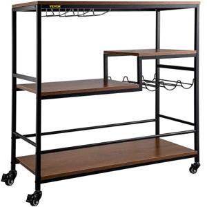 VEVOR Bar Winkelwagen 90 x 40 x 95 cm Drankjes Trolley Bruin en Zwart Wijnrek Wielen met 3 Eiken Lagen, 4 Universele Wielen en 100 kg Laadvermogen Gebruikt in de Keuken, Woonkamer of voor Feest, enz