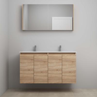 On-Line Badkamermeubelset - 120 cm - Bouwpakket - Greeploos 4 Deuren - Porseleinen Wastafel - 2 Kraangaten - Spiegelkast - Eiken