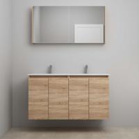 On-Line Badkamermeubelset - 120 cm - Voorgemonteerd - Greeploos 4 Deuren - Porseleinen Wastafel - 2 Kraangaten - Spiegelkast - Eiken