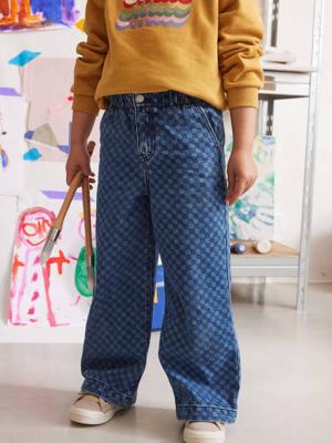 Wijde jeans in paperbagstijl met bloemmotieven voor meisjes donkerblauw