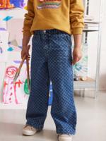 Wijde jeans in paperbagstijl met bloemmotieven voor meisjes donkerblauw