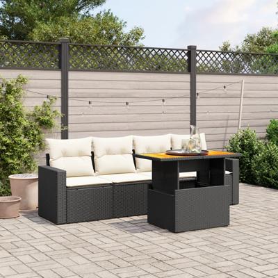 5-delige Loungeset met kussens poly rattan zwart