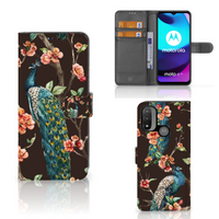 Motorola Moto E20 | E30 | E40 Telefoonhoesje met Pasjes Pauw met Bloemen - thumbnail