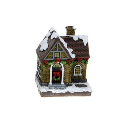 Kersthuisjes/kerstdorpje huisje - gele stenen - Polystone - 14 cm - met verlichting