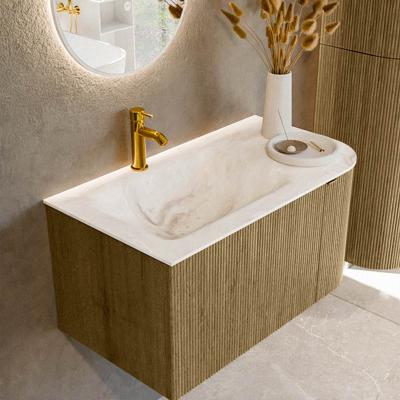 Badmeubel Mondiaz Kurve-Dlux | 85 cm cm | Meubelkleur Dusk | Wastafelkleur Frappe | Solid surface | Wasbak links zijde spoelbak | 1 kraangat