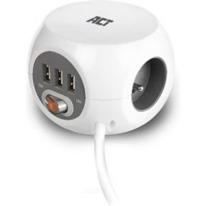 ACT Vierkante stekkerdoos (PDU) met 3 sockets type E, 3 USB-A poorten, 1,5m, wit