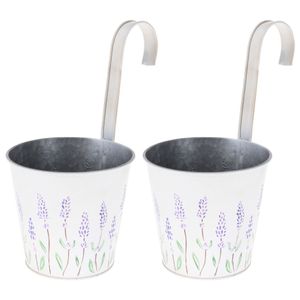 2x stuks bloempotten/plantenbakken zink met ophanghaak creme wit met lavendel 14 x 13 x 26 cm