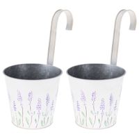 2x stuks bloempotten/plantenbakken zink met ophanghaak creme wit met lavendel 14 x 13 x 26 cm