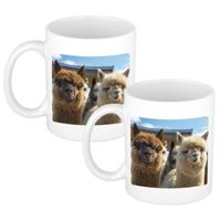 Dieren alpaca foto koffiemok - 2x - 300 ml - cadeau beker / mok alpacas liefhebber