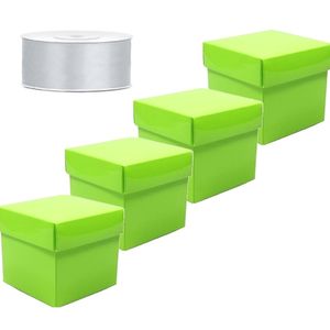 Set 4 cadeaudoosjes groen10 x 10 cm / zilver sierlint 25 meter