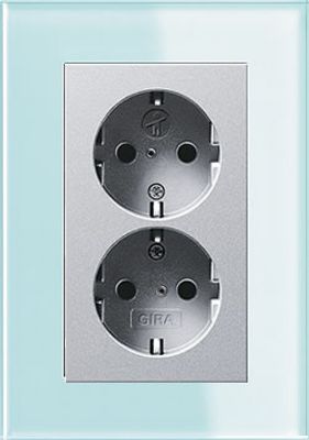 Dubbel stopcontact aluminium met Gira esprit mint glas afdekraam recht