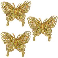 12x Kerstboomversiering vlinders op clip glitter goud 11 cm - Kersthangers - thumbnail