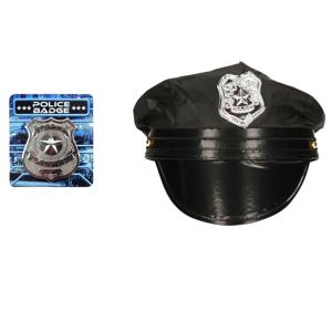 Carnaval verkleed politie agent pet - zwart - met police badge - kinderen - accessoires