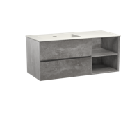 Storke Edge zwevend badmeubel 120 x 52 cm beton donkergrijs met Mata asymmetrisch linkse wastafel in mat witte solid surface