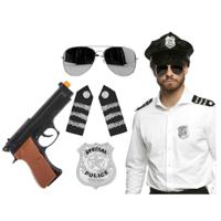 Carnaval verkleed set - politiepet - zwart - met epauletten/badge/zonnebril/pistool - heren/dames - thumbnail