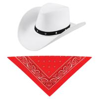 Carnaval verkleedset cowboyhoed Billy Boy - wit - met rode hals zakdoek - voor volwassenen - thumbnail