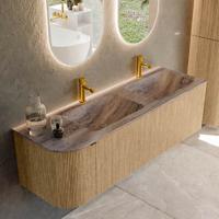Badmeubel Mondiaz Kurve-Dlux | 145 cm | Meubelkleur Oak | Wastafelkleur Oza | Solid surface | Dubbel / Rechts spoelbak | 2 kraangaten