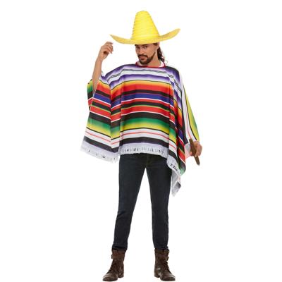 Carnaval verkleed set Mexicaan - gekleurde one size poncho - Sombrero hoed geel dia 59 cm