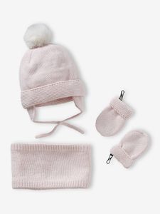 Set van babymeisjes muts + snood + wanten lichtroze