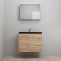 On-Line Badkamermeubelset - 80 cm - Voorgemonteerd - Greeploze Ladestructuur - Acryl Wastafel - 1 Kraangat - Spiegelkast - Eiken