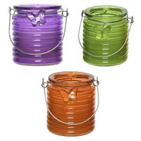 Citronella windlicht met kaars - 3x - paars/groen en oranje - 20 branduren - citrusgeur