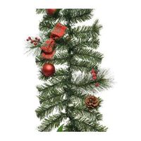 1x Groene kerst dennenslinger guirlande met rode versiering 180 cm - thumbnail