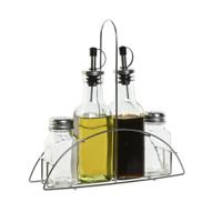 Items Azijn/Olie flessen tafelset - met peper/zout vaatjes - glas/metaal - transparant   -