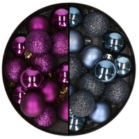 Kleine kerstballen - 28x st - donkerblauw en paars - 3 cm - kunststof - Kerstbal - thumbnail