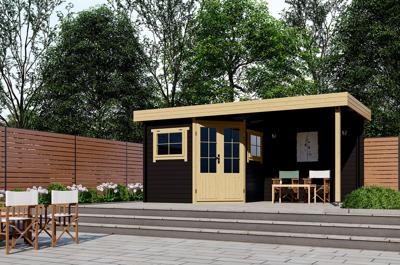 Interflex 2556Z Blokhut 250x250 met overkapping 250 cm 28 mm vuren gecoat- Plat dak- Hout- Interflex