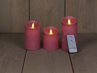 B.o. 3st kaars wax rustiek bewegende vlam 7.5x10/12.5/15cm antiek roze afstandsbediening 3x3aaa - Annas collection