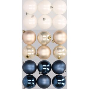 18x stuks kunststof kerstballen mix van donkerblauw, champagne en wit 8 cm