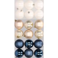 18x stuks kunststof kerstballen mix van donkerblauw, champagne en wit 8 cm