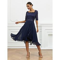 Dames A lijn jurk Halflange jurk Chiffon Kant Ruche Bruiloft gast Cocktailparty Elegant Formeel Vierkante hals Halve mouw Donkerblauw Kleur Lightinthebox