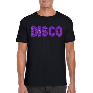Bellatio Decorations Verkleed T-shirt heren - disco - zwart - paars glitter - jaren 70/80 - carnaval 2XL  -