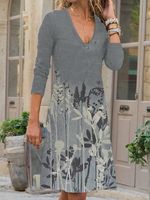 Long Sleeve Printed V Neck Knitting Dress - thumbnail