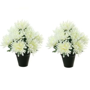 Kunstbloemen plant in pot - 2x - creme wit tinten - 28 cm - Bloemenstuk ornament