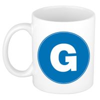 Mok / beker met de letter G blauwe bedrukking voor het maken van een naam / woord of team Mok / beker met de letter G blauwe bedrukking voor het maken van een naam / woord of team