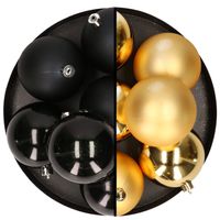 12x stuks kunststof kerstballen 8 cm mix van zwart en goud   -