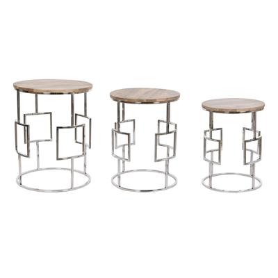 Set van 3 tafels Home ESPRIT Bruin Zilverkleurig Natuurlijk Staal Mangohout 49,5 x 49,5 x 62 cm