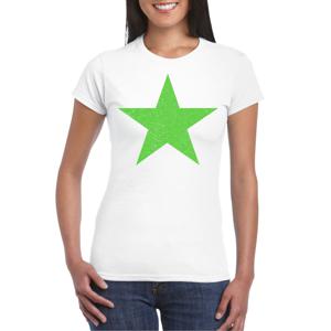 Verkleed T-shirt voor dames - ster - wit - groen glitter - carnaval/themafeest
